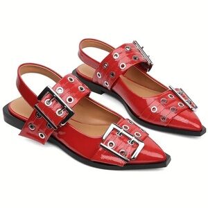 New Double Buckle Ballet Flats Silver NWT Red Slip On Pointed Toe Faux Leather
